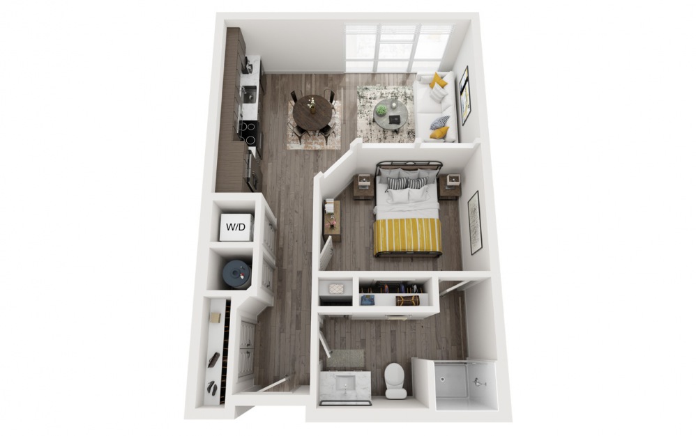 Midland - 1 bedroom floorplan layout with 1 bath and 595 square feet.