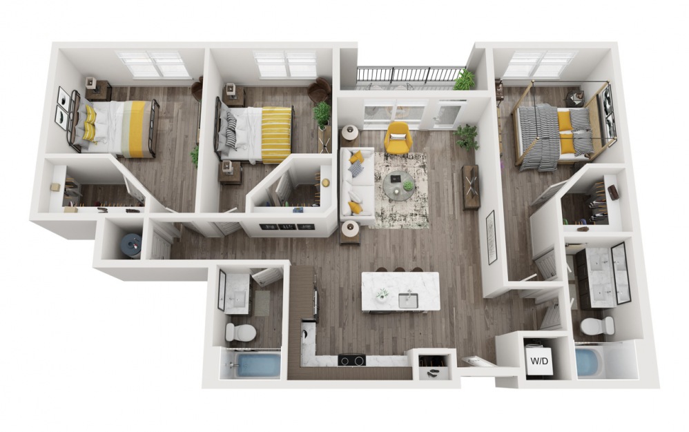 New York Central - 3 bedroom floorplan layout with 2 baths and 1271 square feet.
